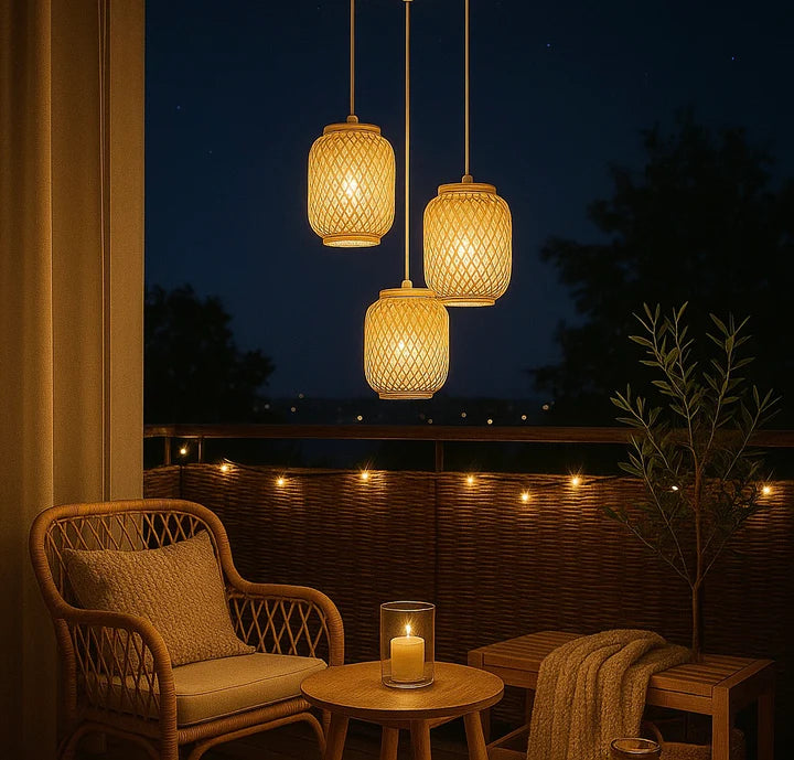 LAMPARA COLGANTE TRIPLE MATERIAL RATAN MODERNA