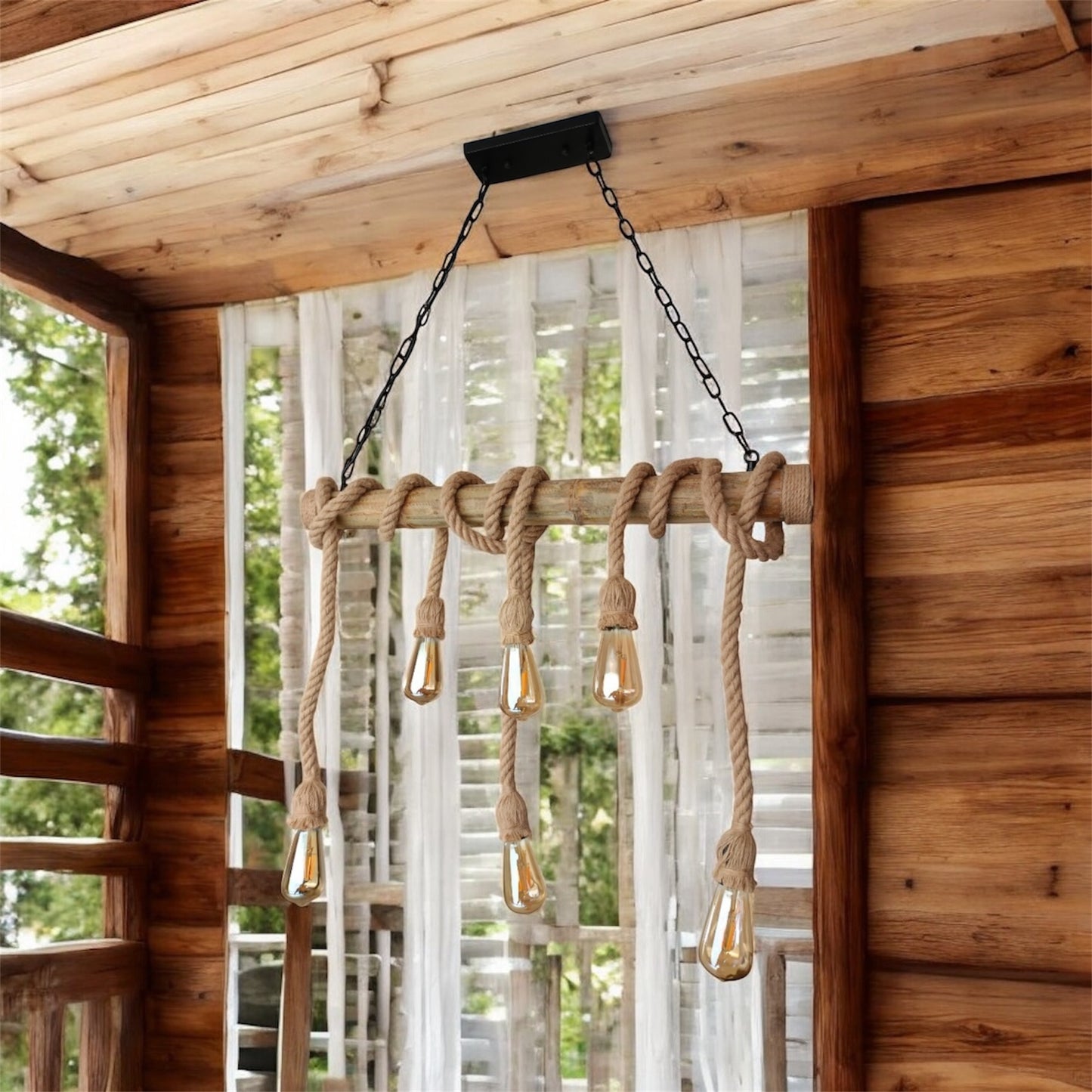LAMPARA COLGANTE BAMBU CON SOGA 6 LUCES