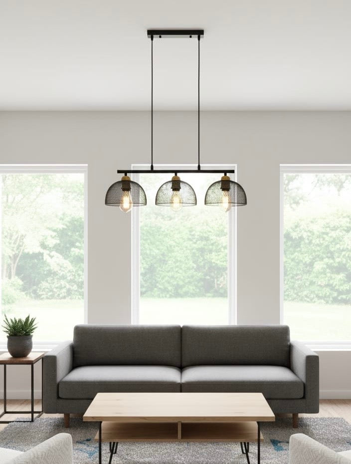 LAMPARA COLGANTE BASE LINEAL TRES MALLAS NEGRA ROLEX