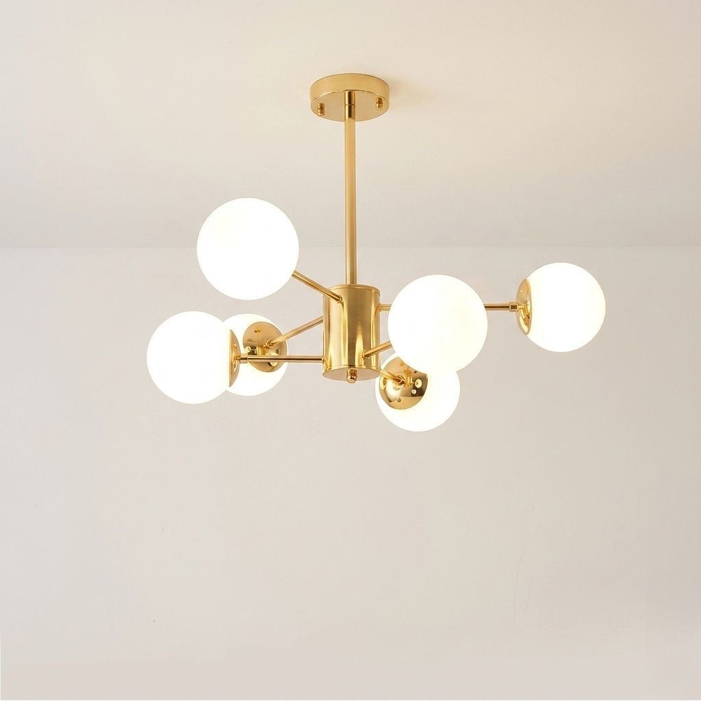 LAMPARA COLGANTE ESTILO NORDICO DORADA 6 LUCES ESFERAS BLANCAS VENUS