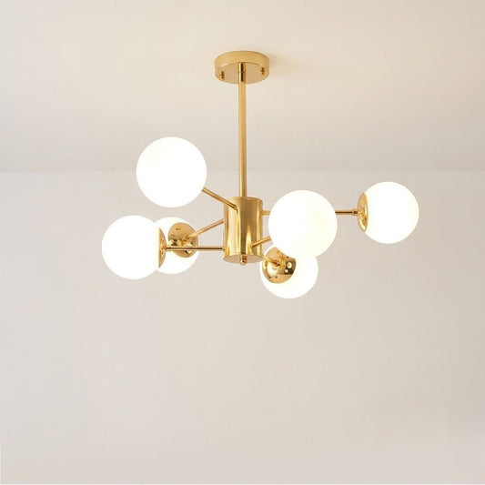 LAMPARA COLGANTE ESTILO NORDICO DORADA 6 LUCES ESFERAS BLANCAS VENUS