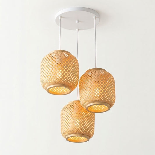 LAMPARA COLGANTE TRIPLE MATERIAL RATAN MODERNA