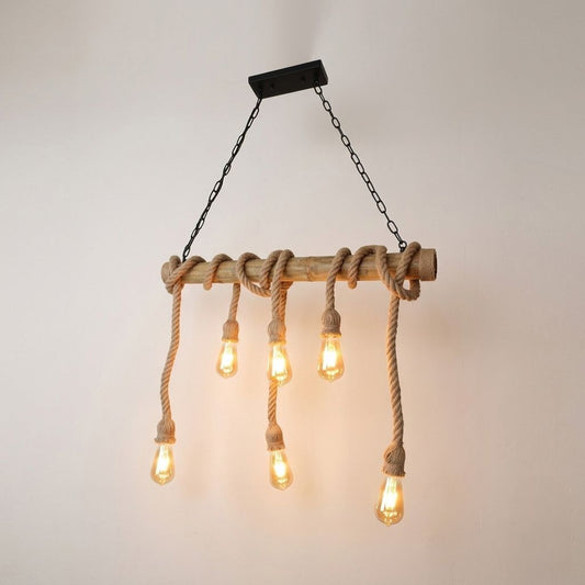 LAMPARA COLGANTE BAMBU CON SOGA 6 LUCES