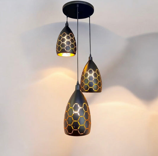 LAMPARA COLGANTE TRIPLE METALICA NEGRA COBRE HEXA