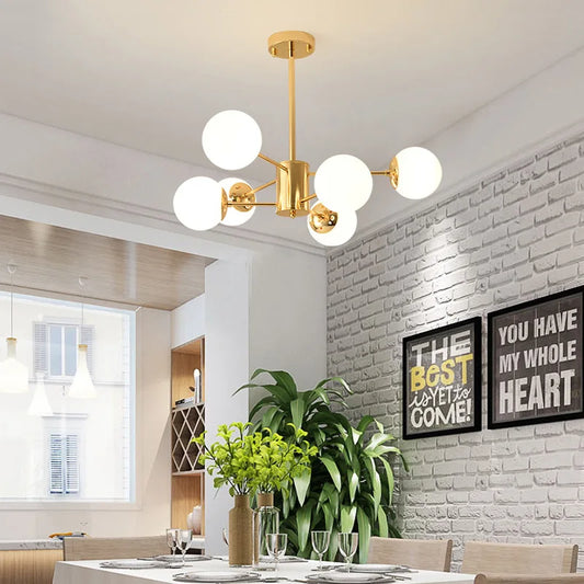 LAMPARA COLGANTE ESTILO NORDICO DORADA 6 LUCES ESFERAS BLANCAS VENUS