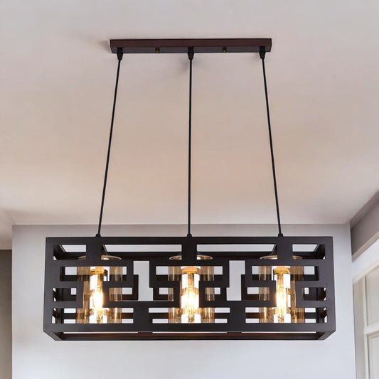LAMPARA COLGANTE TRIPLE LINEAL MADERA-VIDRIO NARAKA
