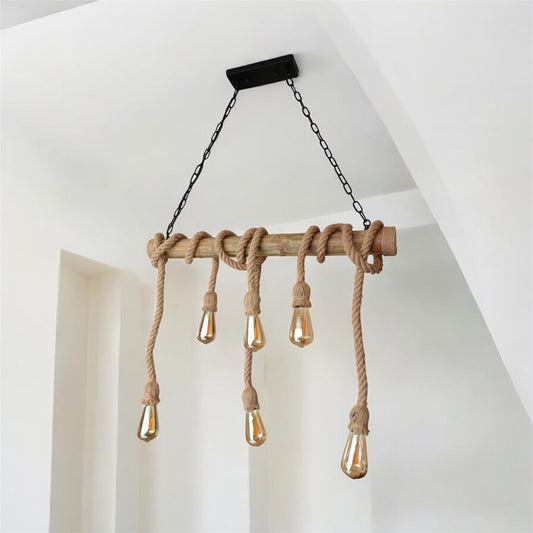 LAMPARA COLGANTE BAMBU CON SOGA 6 LUCES