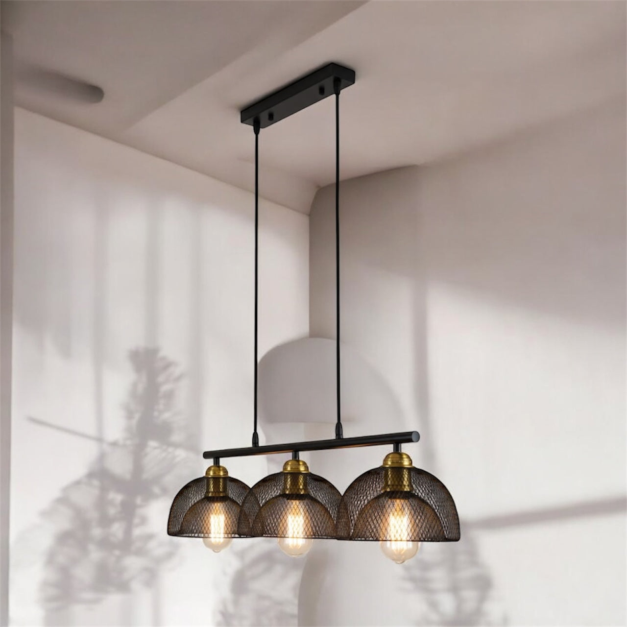 LAMPARA COLGANTE BASE LINEAL TRES MALLAS NEGRA ROLEX