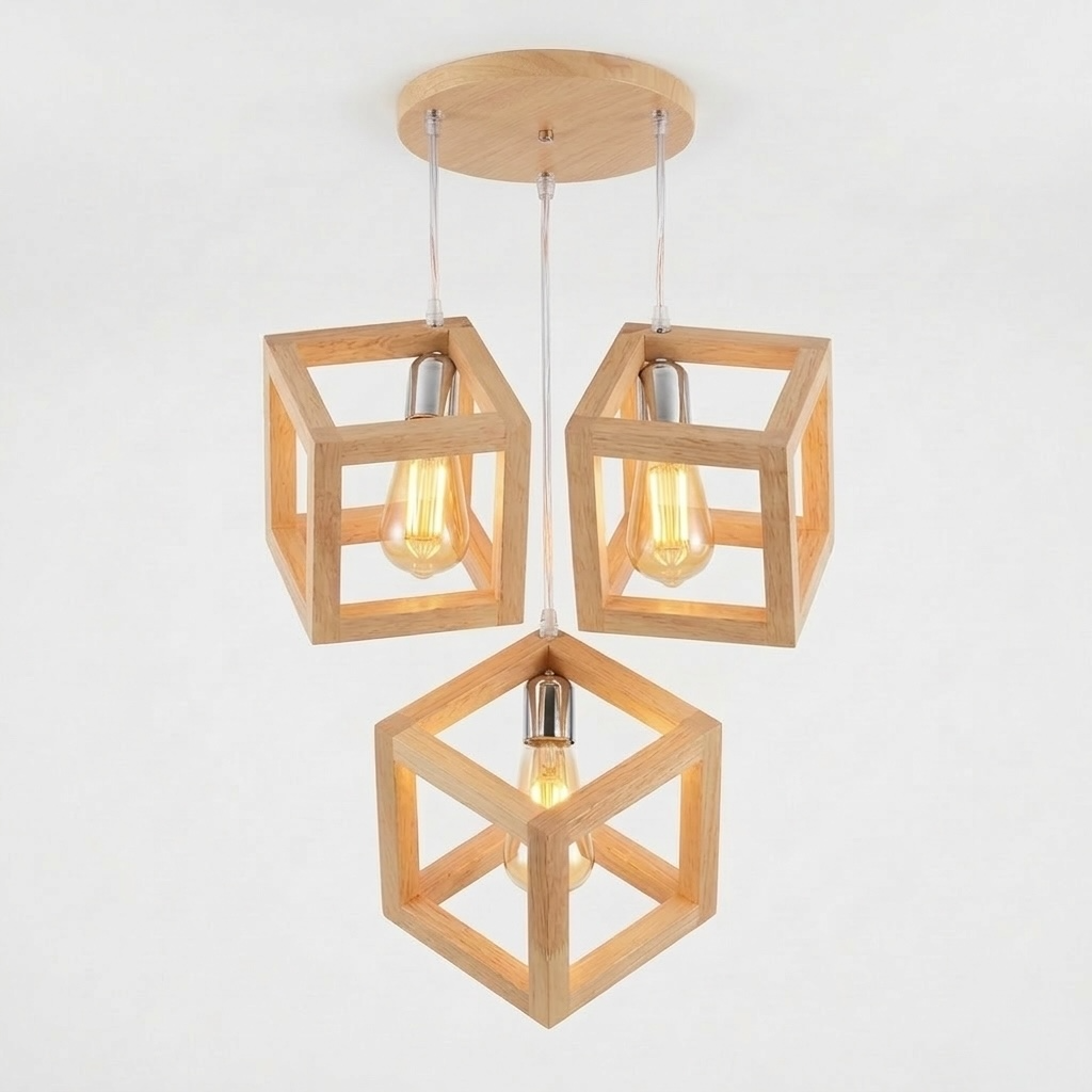 LAMPARA COLGANTE TRIPLE CUBO MADERA CLARA
