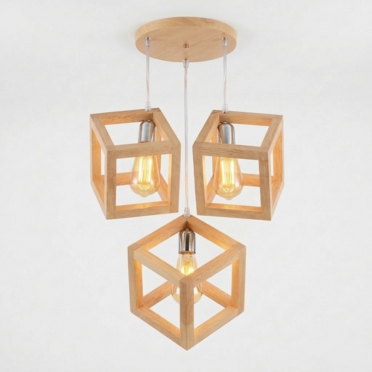 LAMPARA COLGANTE TRIPLE CUBO MADERA CLARA