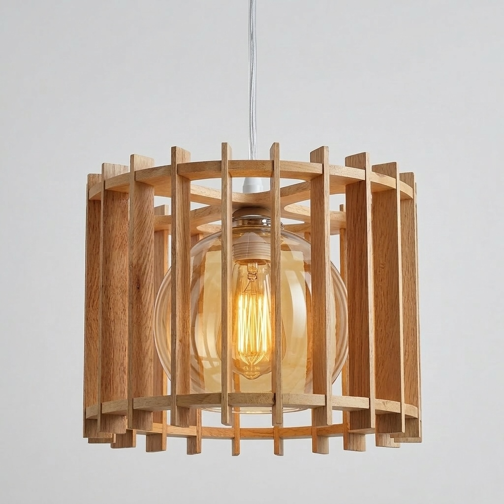 LAMPARA COLGANTE MODERNA REJILLAS MADERA CLARA ALMENDRA