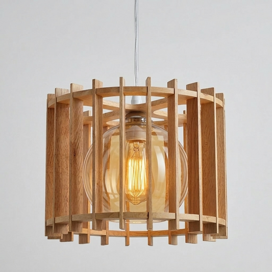 LAMPARA COLGANTE MODERNA REJILLAS MADERA CLARA ALMENDRA