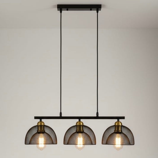 LAMPARA COLGANTE BASE LINEAL TRES MALLAS NEGRA ROLEX